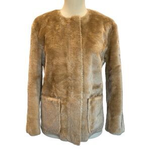 LOFT Faux Fur Cream Front Zip Long Sleeve Jacket Women's S